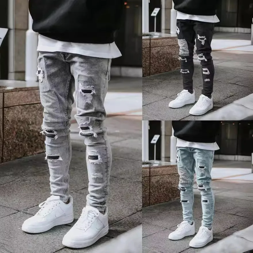 2025 New Men Light Blue Distressed Ripped Stretch Skinny Jeans Slim Fit Trendy Casual Long Pants Multi Color Options - Image 5