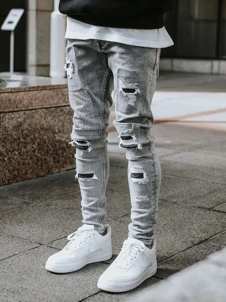 2025 New Men Light Blue Distressed Ripped Stretch Skinny Jeans Slim Fit Trendy Casual Long Pants Multi Color Options - Image 7