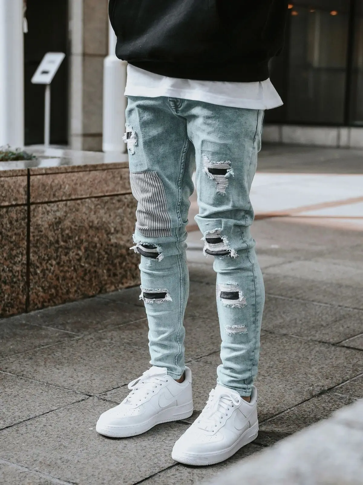 2025 New Men Light Blue Distressed Ripped Stretch Skinny Jeans Slim Fit Trendy Casual Long Pants Multi Color Options - Image 8