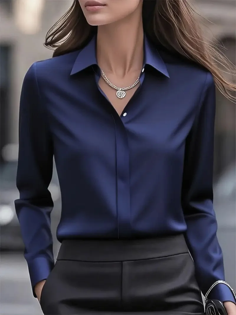 2025 New Women's Long-sleeved Shirt 10 Color Lapel Satin Button Cardigan Office Commuting Elegant Simple Top Basic Blouses - Image 12