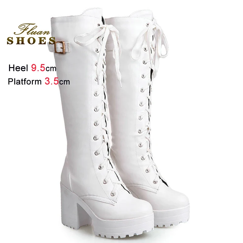 2025 Sexy White Women Knight Boots Coarse Heels Round Toe Knee High Boots Lace Up Multi-belt Buckle High Heeled Boots Size 35-43 - Image 2