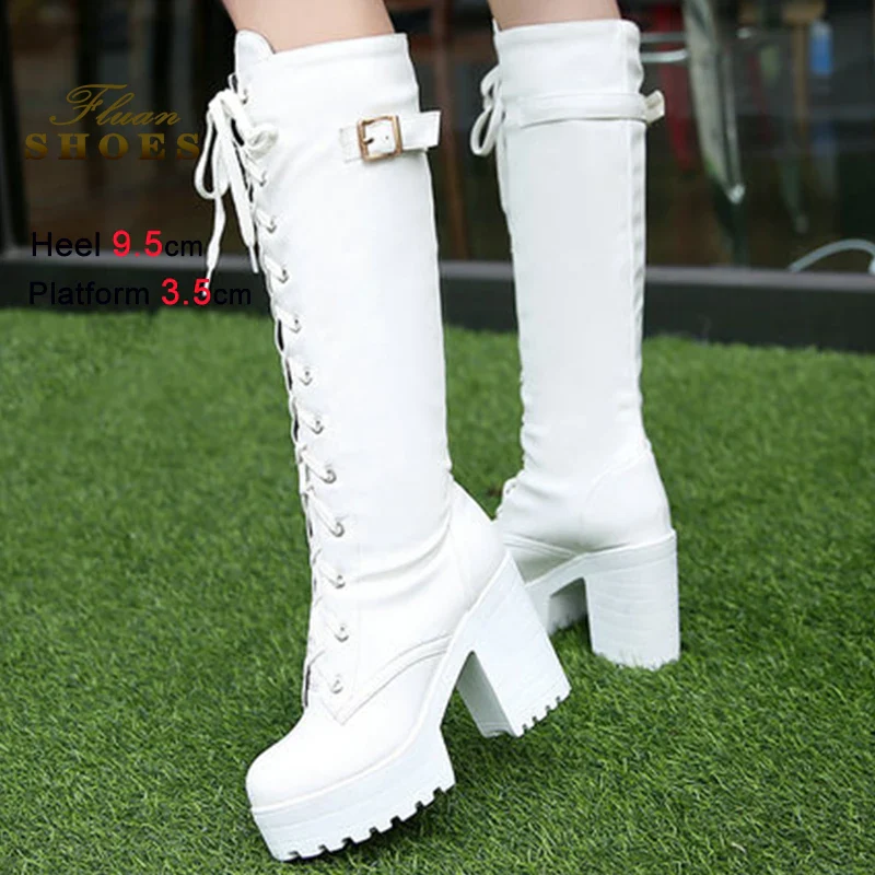 2025 Sexy White Women Knight Boots Coarse Heels Round Toe Knee High Boots Lace Up Multi-belt Buckle High Heeled Boots Size 35-43 - Image 5