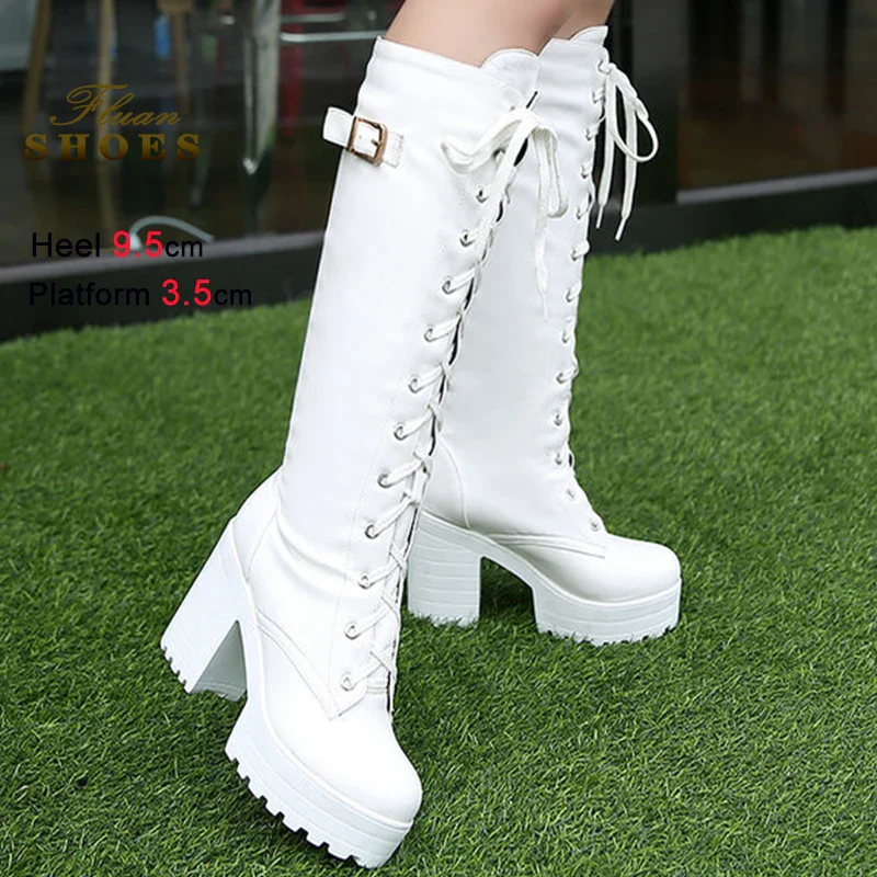 2025 Sexy White Women Knight Boots Coarse Heels Round Toe Knee High Boots Lace Up Multi-belt Buckle High Heeled Boots Size 35-43 - Image 6