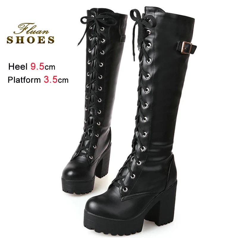 2025 Sexy White Women Knight Boots Coarse Heels Round Toe Knee High Boots Lace Up Multi-belt Buckle High Heeled Boots Size 35-43 - Image 7