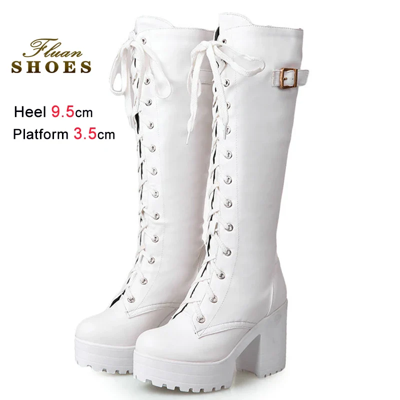 2025 Sexy White Women Knight Boots Coarse Heels Round Toe Knee High Boots Lace Up Multi-belt Buckle High Heeled Boots Size 35-43 - Image 8