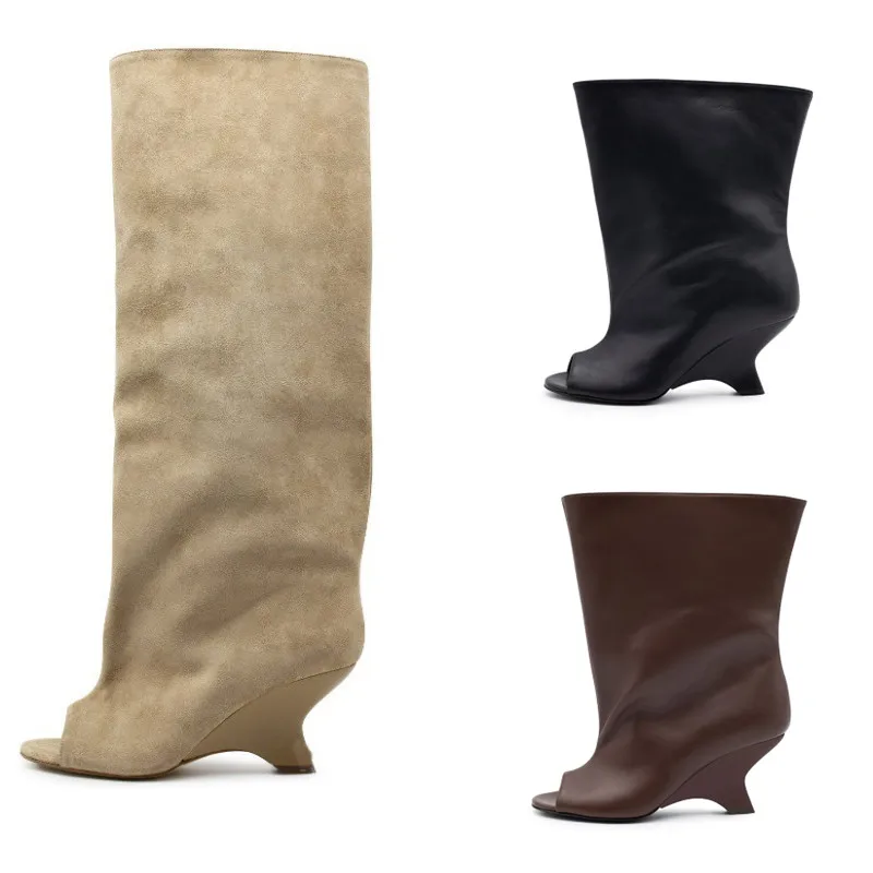 2025 Spring and Autumn Women's Fish Mouth Thick High Heels Knee Length Women's Boots Fashion Slope Heel Large Summer Cool Boots