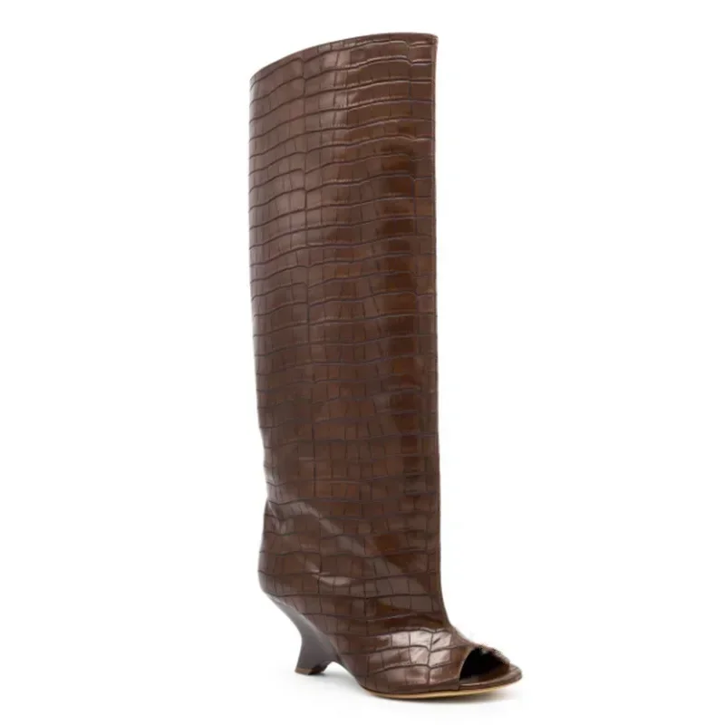 2025 Spring and Autumn Women's Fish Mouth Thick High Heels Knee Length Women's Boots Fashion Slope Heel Large Summer Cool Boots - Image 2