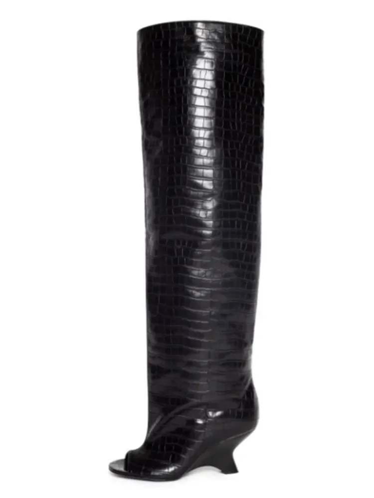 2025 Spring and Autumn Women's Fish Mouth Thick High Heels Knee Length Women's Boots Fashion Slope Heel Large Summer Cool Boots - Image 8