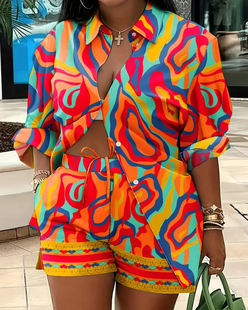 2025 Spring Autumn Casual Woman Sets Fashion Shirt Printed Button Shirt&Shorts Streetwear Shorts Pant Outfit Suit Two Piece Set - Image 12