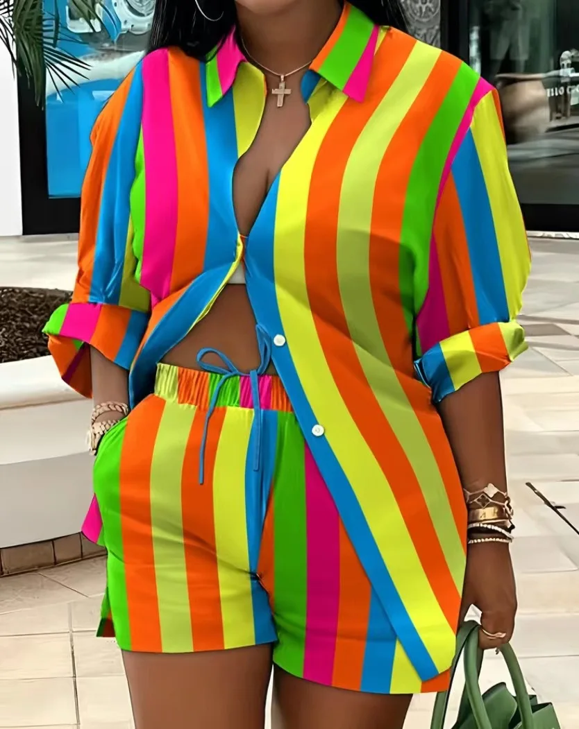 2025 Spring Autumn Casual Woman Sets Fashion Shirt Printed Button Shirt&Shorts Streetwear Shorts Pant Outfit Suit Two Piece Set - Image 13