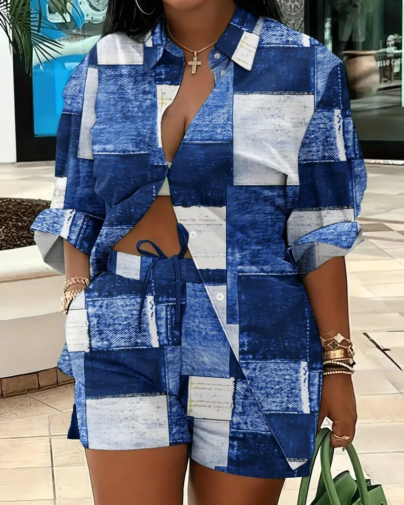 2025 Spring Autumn Casual Woman Sets Fashion Shirt Printed Button Shirt&Shorts Streetwear Shorts Pant Outfit Suit Two Piece Set - Image 17
