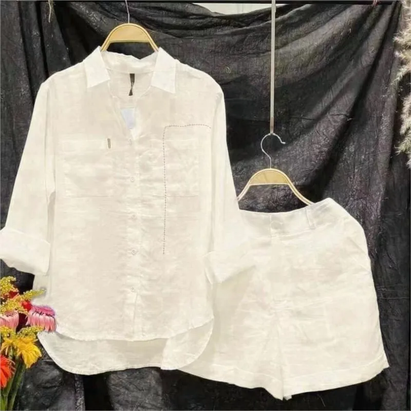 2025 Summer Cotton Linen Casual Shirt Two Piece Set For Women Shorts 2 Piece Sets Outfit Long Sleeve Short Sets Outfits Home - Image 2