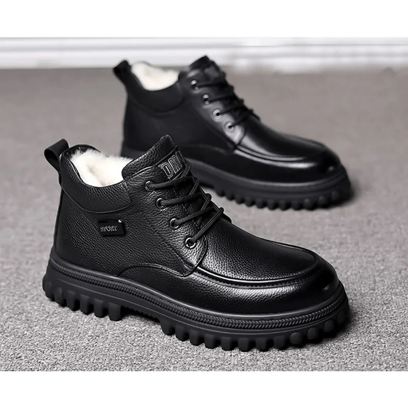 2025 Winter Shoes Mens Snow Boots Warm Plush Cold Winter Fashion Brand Male Footwear Non-slip Flat Ankle Boots Black D591 - Image 5