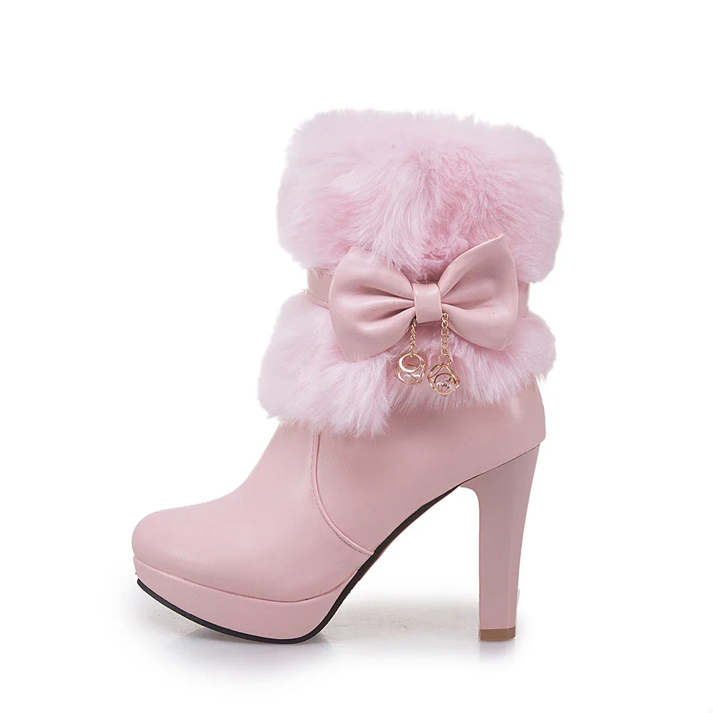 2025 Winter Womens Fashion High Heel Boots Pink White Black Fur Tassel Bowtie Lovely Lolita Ladies Party Wedding Shoes size32-43 - Image 11