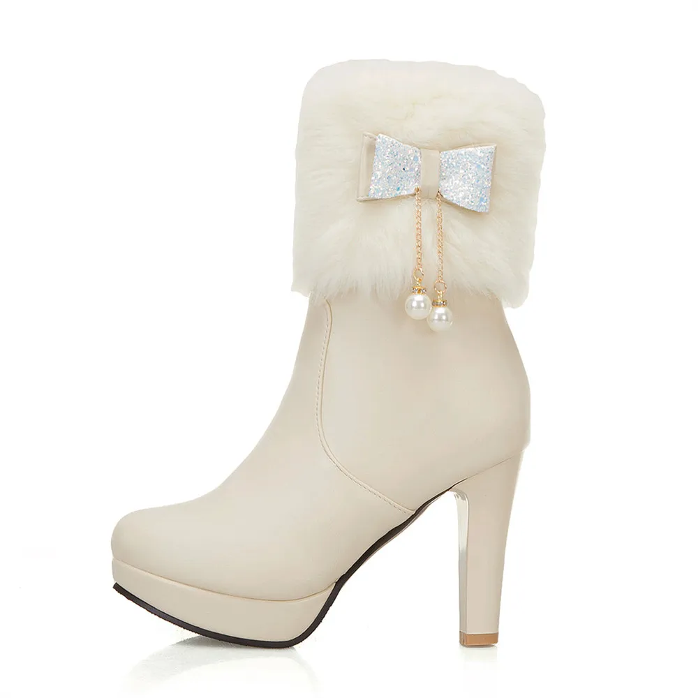 2025 Winter Womens Fashion High Heel Boots Pink White Black Fur Tassel Bowtie Lovely Lolita Ladies Party Wedding Shoes size32-43 - Image 12