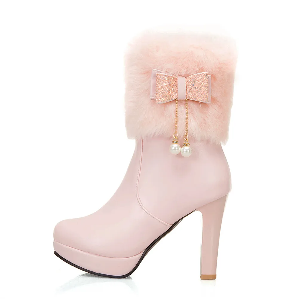 2025 Winter Womens Fashion High Heel Boots Pink White Black Fur Tassel Bowtie Lovely Lolita Ladies Party Wedding Shoes size32-43 - Image 13