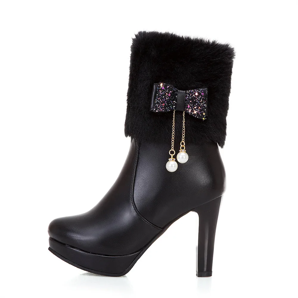 2025 Winter Womens Fashion High Heel Boots Pink White Black Fur Tassel Bowtie Lovely Lolita Ladies Party Wedding Shoes size32-43 - Image 14