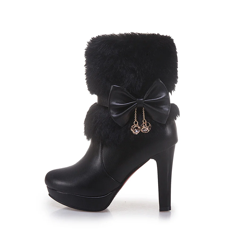 2025 Winter Womens Fashion High Heel Boots Pink White Black Fur Tassel Bowtie Lovely Lolita Ladies Party Wedding Shoes size32-43 - Image 15