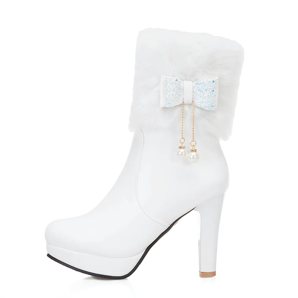 2025 Winter Womens Fashion High Heel Boots Pink White Black Fur Tassel Bowtie Lovely Lolita Ladies Party Wedding Shoes size32-43 - Image 16