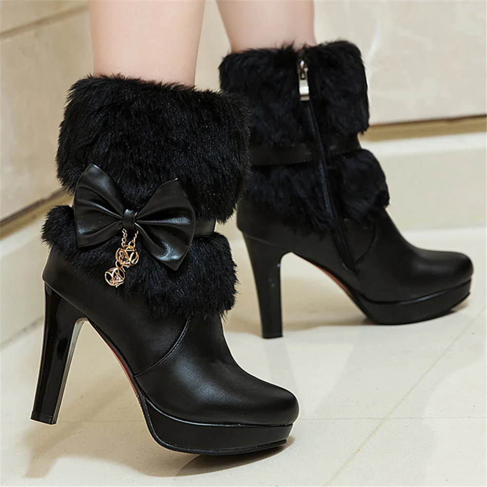 2025 Winter Womens Fashion High Heel Boots Pink White Black Fur Tassel Bowtie Lovely Lolita Ladies Party Wedding Shoes size32-43 - Image 3