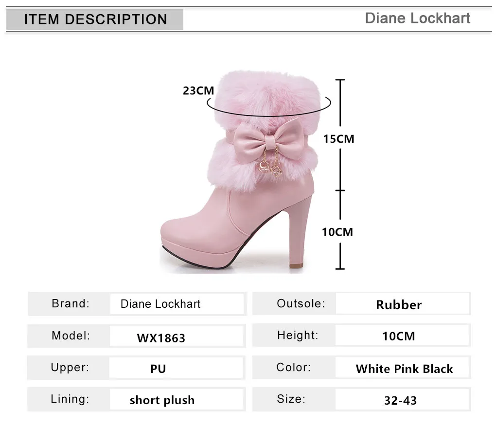 2025 Winter Womens Fashion High Heel Boots Pink White Black Fur Tassel Bowtie Lovely Lolita Ladies Party Wedding Shoes size32-43 - Image 5
