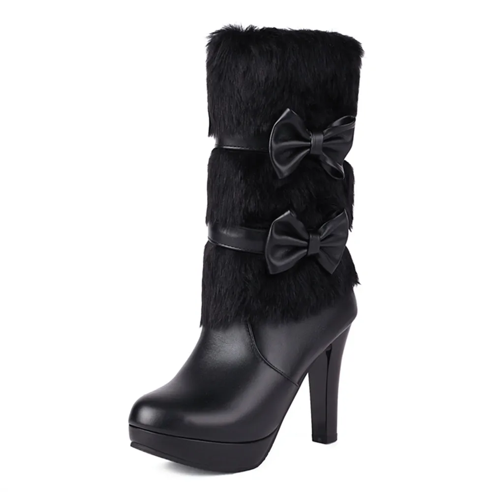 2025 Winter Womens Fashion High Heel Boots Pink White Black Fur Tassel Bowtie Lovely Lolita Ladies Party Wedding Shoes size32-43 - Image 7