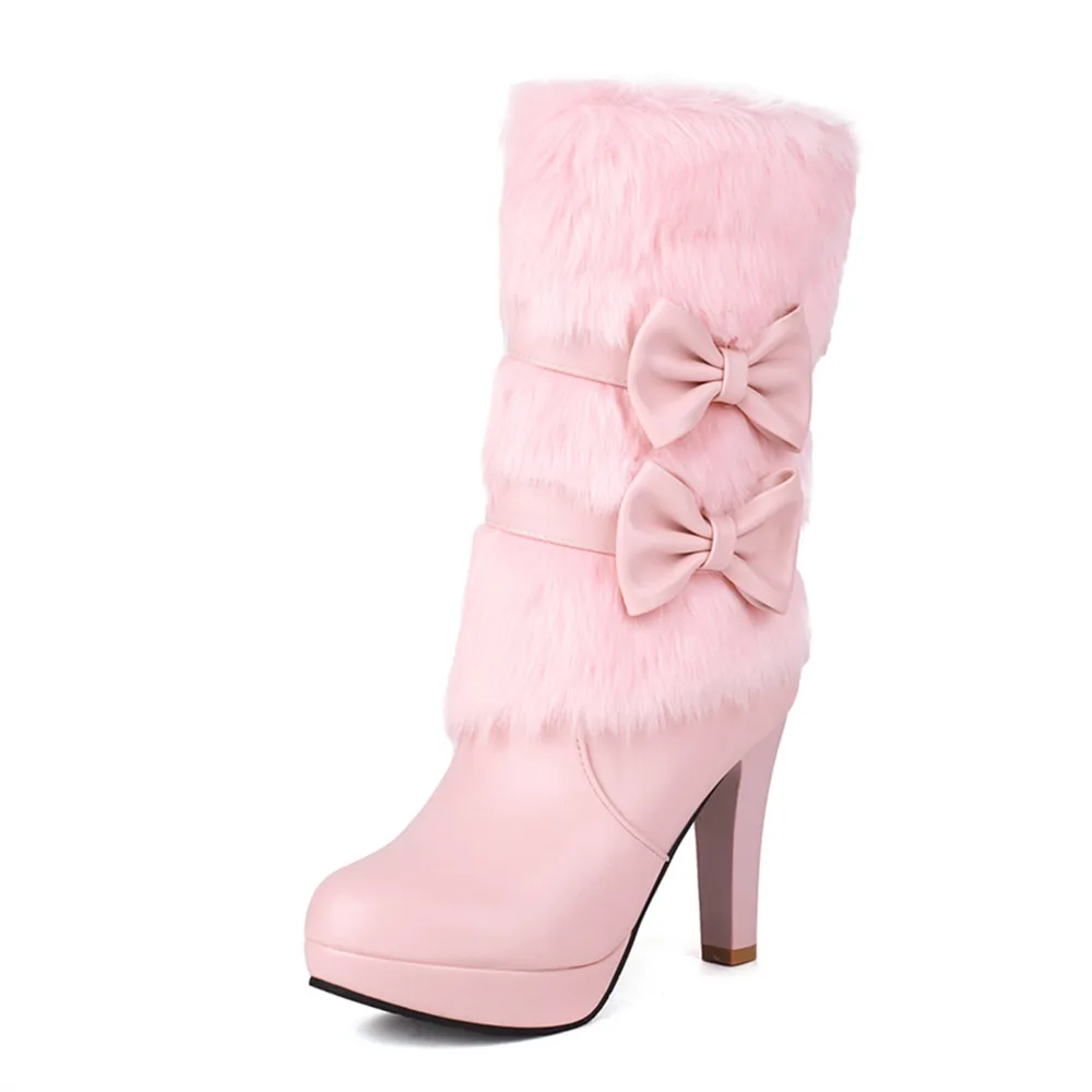 2025 Winter Womens Fashion High Heel Boots Pink White Black Fur Tassel Bowtie Lovely Lolita Ladies Party Wedding Shoes size32-43 - Image 8