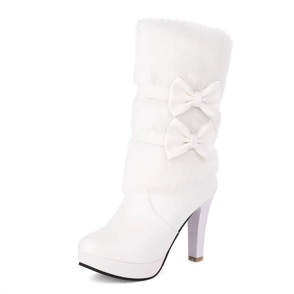 2025 Winter Womens Fashion High Heel Boots Pink White Black Fur Tassel Bowtie Lovely Lolita Ladies Party Wedding Shoes size32-43 - Image 9