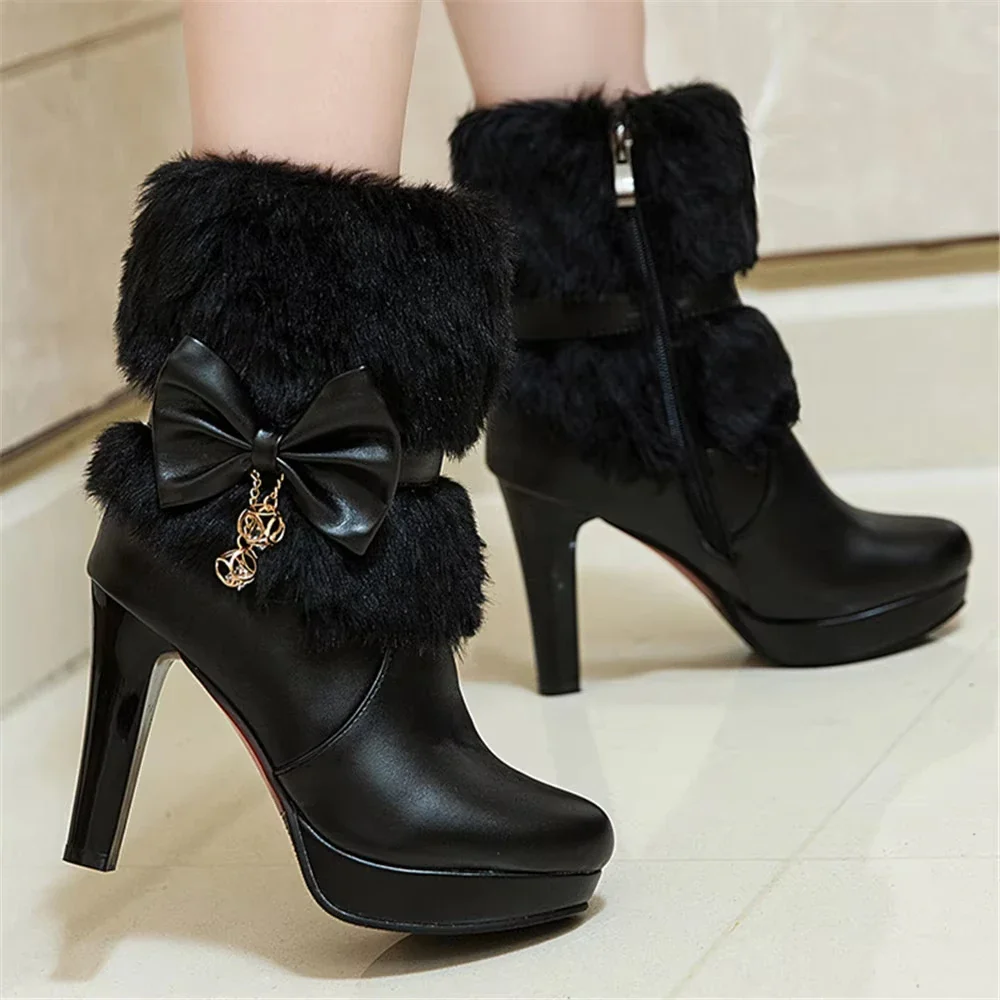 2025 Winter Womens Fashion High Heel Boots Pink White Black Fur Tassel Bowtie Lovely Lolita Ladies Party Wedding Shoes size33-43 - Image 5