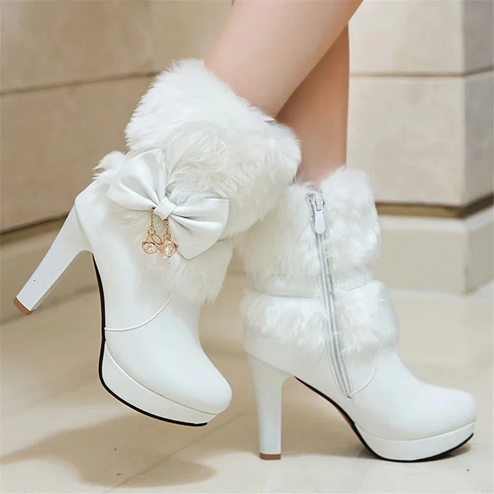 2025 Winter Womens Fashion High Heel Boots Pink White Black Fur Tassel Bowtie Lovely Lolita Ladies Party Wedding Shoes size33-43 - Image 6