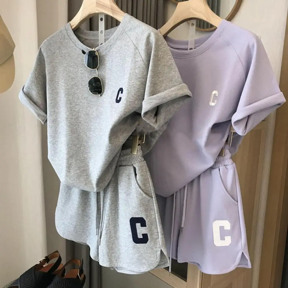 2025 women t-shirt shorts set Summer Tracksuit O Neck Letter Print Short Sleeve T-shirt Drawstring Shorts Sport Clothes - Image 2