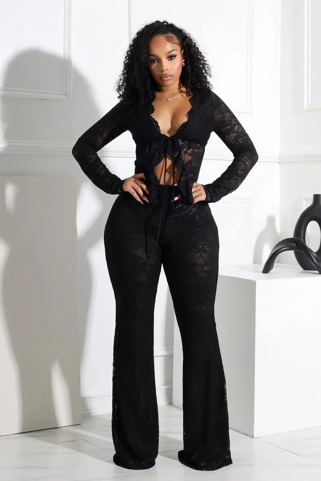 2025 Women's Set Long Sleeve Lace See Through Shirt + Long Pants Street Evening Sexy Two 2Piece Sets Outfits Tracksuit