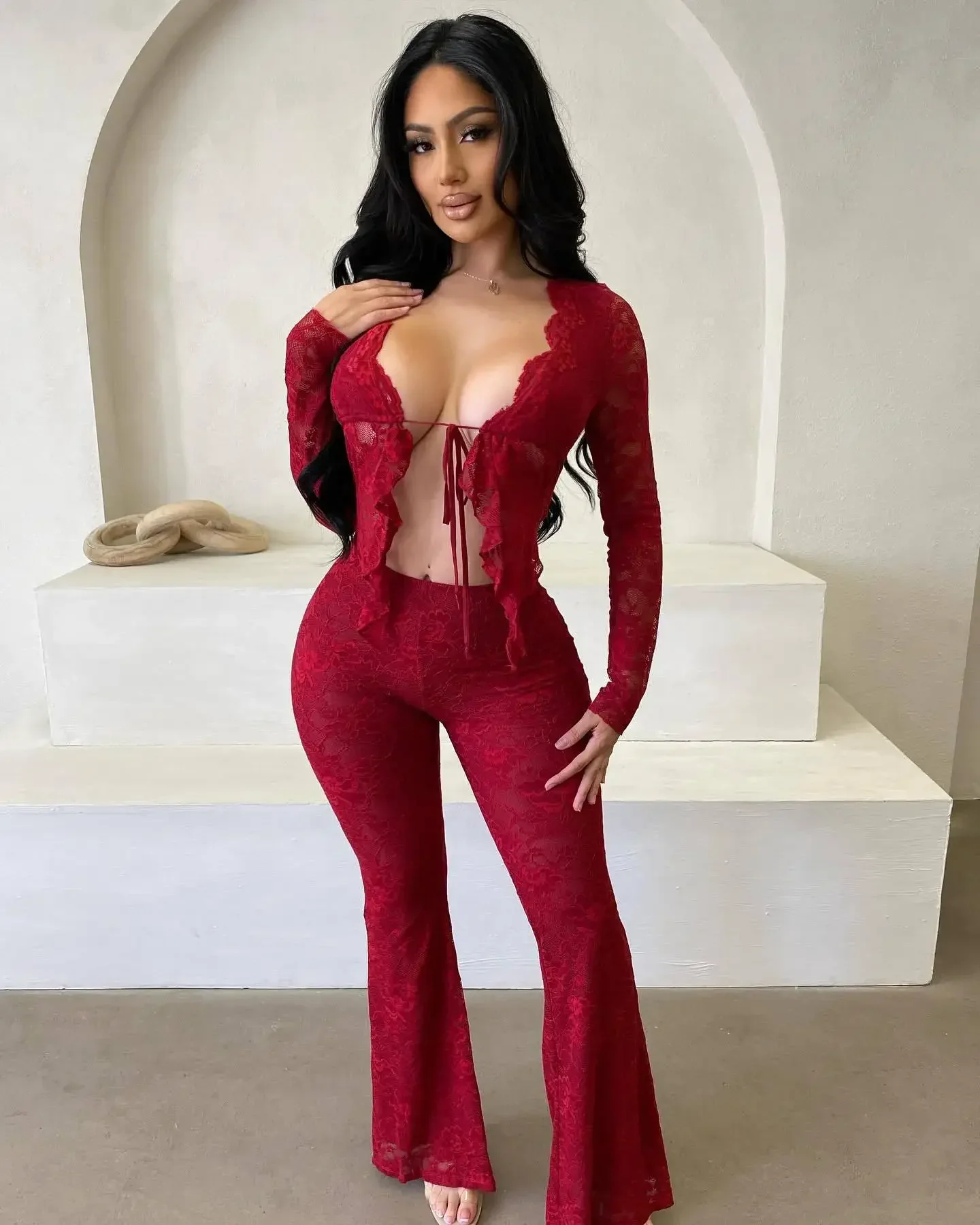 2025 Women's Set Long Sleeve Lace See Through Shirt + Long Pants Street Evening Sexy Two 2Piece Sets Outfits Tracksuit - Image 10