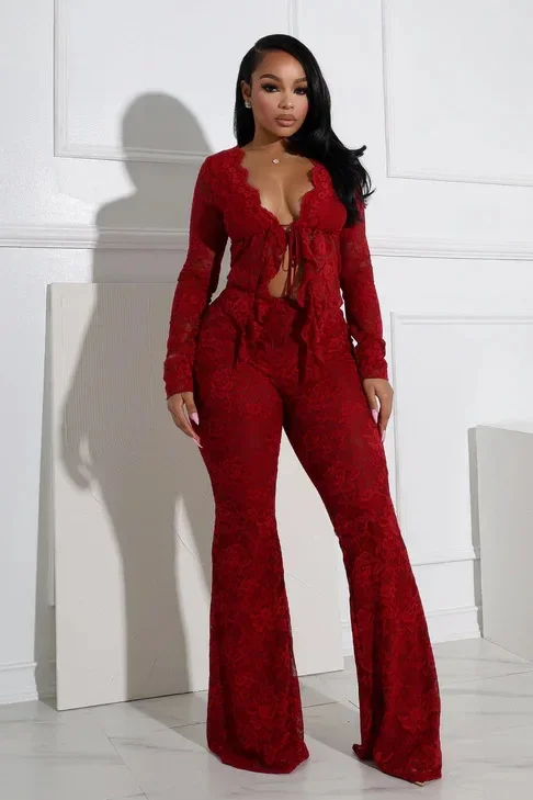 2025 Women's Set Long Sleeve Lace See Through Shirt + Long Pants Street Evening Sexy Two 2Piece Sets Outfits Tracksuit - Image 13