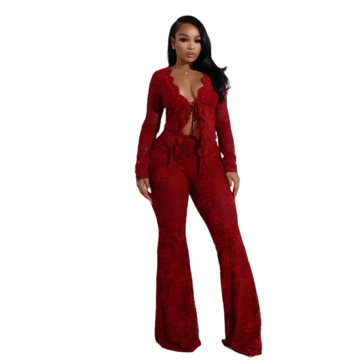 2025 Women's Set Long Sleeve Lace See Through Shirt + Long Pants Street Evening Sexy Two 2Piece Sets Outfits Tracksuit - Image 14