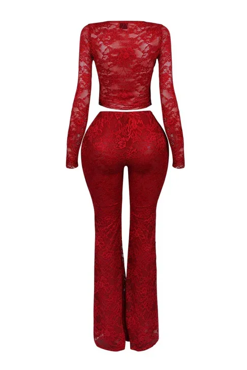 2025 Women's Set Long Sleeve Lace See Through Shirt + Long Pants Street Evening Sexy Two 2Piece Sets Outfits Tracksuit - Image 19