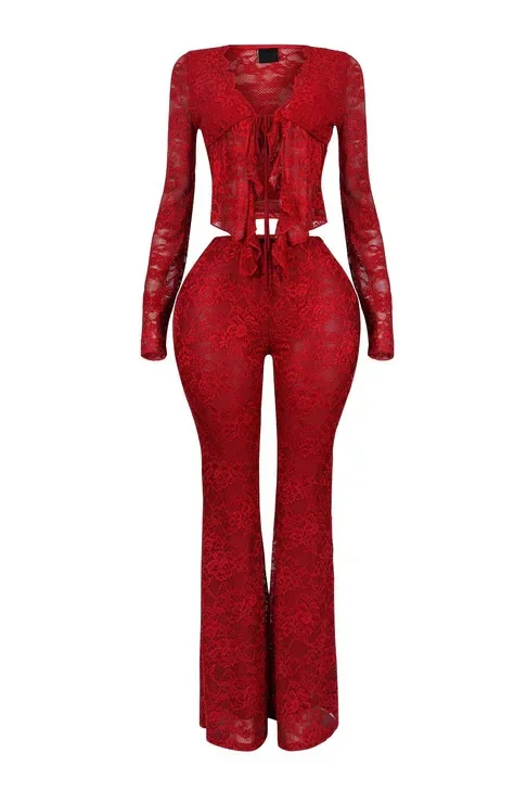 2025 Women's Set Long Sleeve Lace See Through Shirt + Long Pants Street Evening Sexy Two 2Piece Sets Outfits Tracksuit - Image 5
