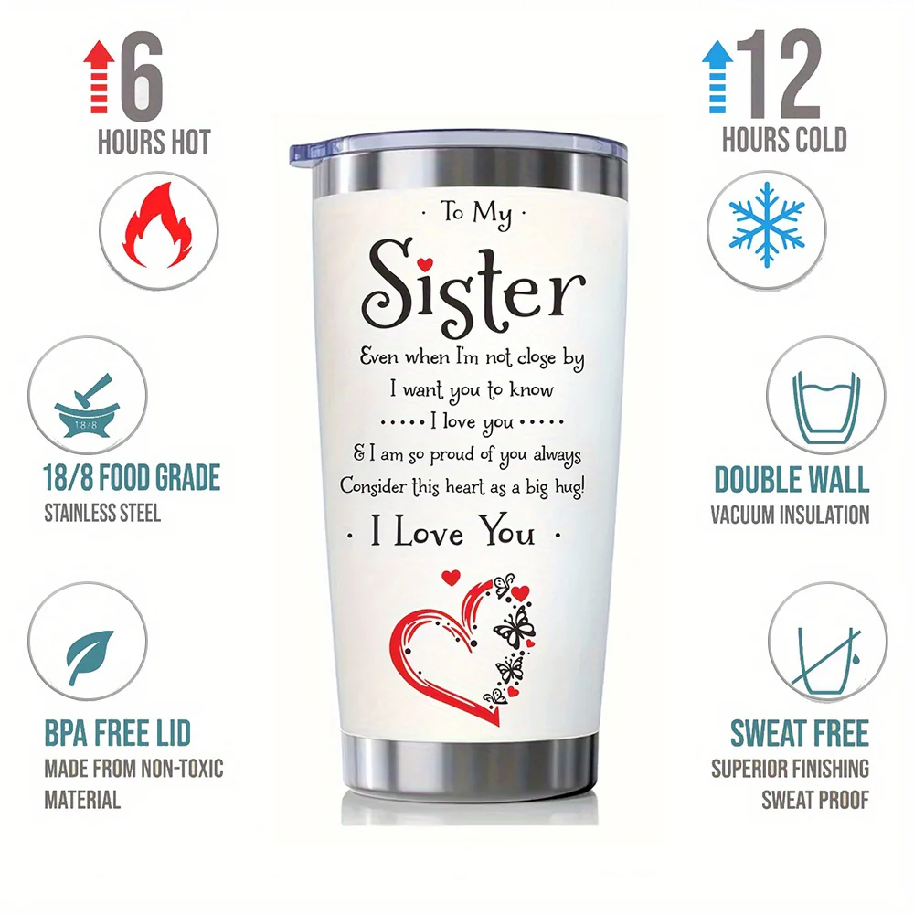 20oz 304 Stainless Steel Insulation Water Bottles, BPA-Free, To My Sister I Love You Print Tumbler With Lid And Straws, Reusable Travel Cup, Birthday Gifts, Holiday Gifts, New Year Gift, Christmas Gift - Image 2