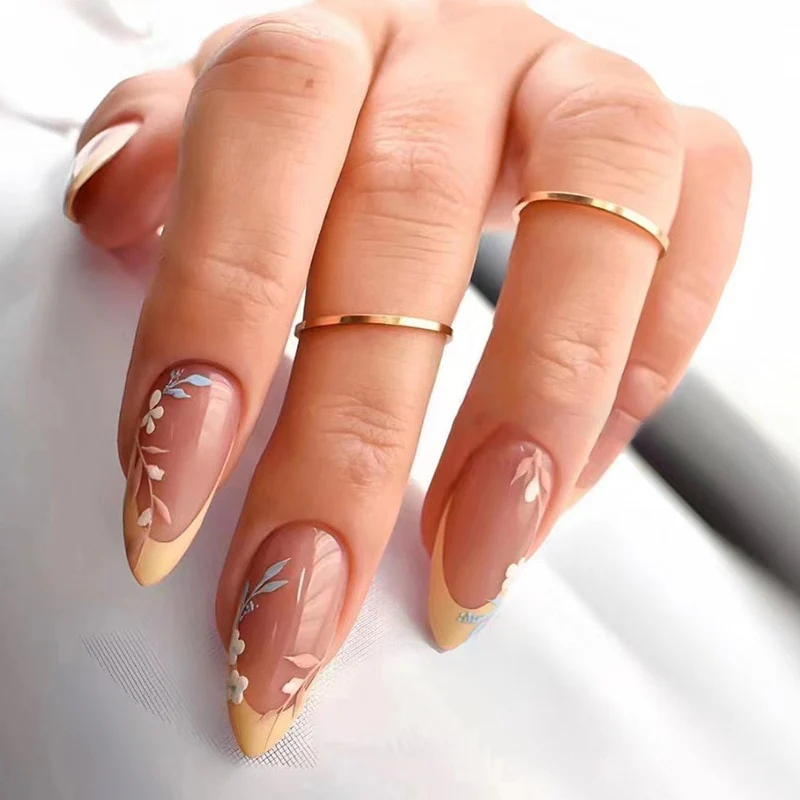 24pcs/Box Fresh Floral Almond False Nails Press On Nails Detachable Fake Nail Tip Purple with Design Manicure Patches - Image 19
