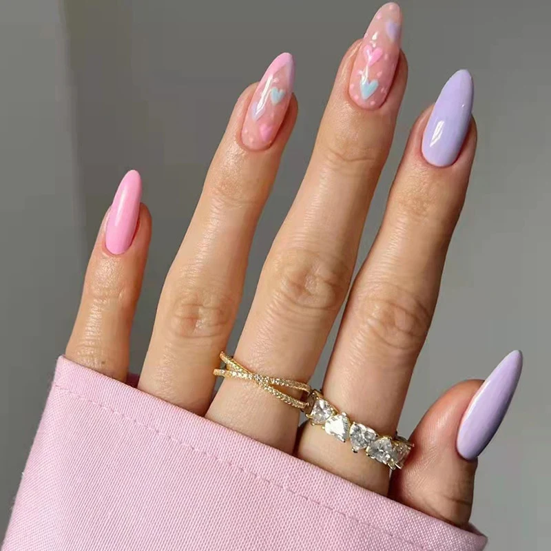 24pcs/Box Fresh Floral Almond False Nails Press On Nails Detachable Fake Nail Tip Purple with Design Manicure Patches - Image 23