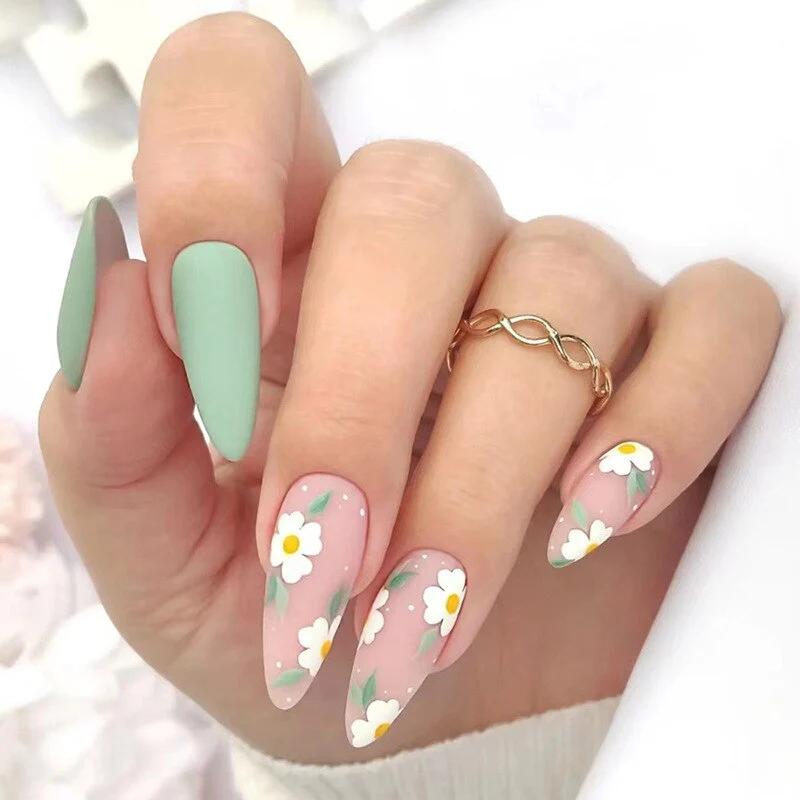 24pcs/Box Fresh Floral Almond False Nails Press On Nails Detachable Fake Nail Tip Purple with Design Manicure Patches - Image 26