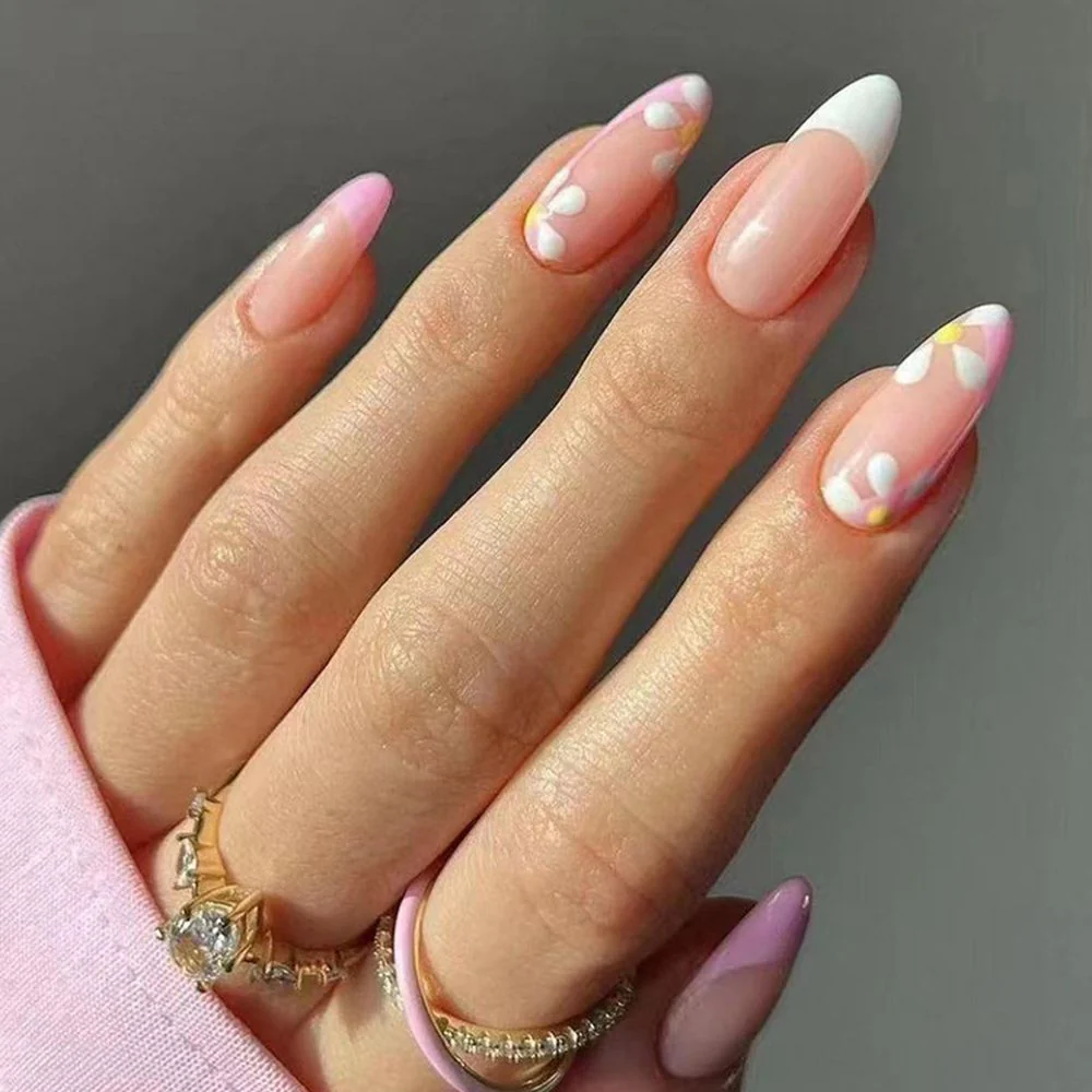 24pcs/Box Fresh Floral Almond False Nails Press On Nails Detachable Fake Nail Tip Purple with Design Manicure Patches - Image 28