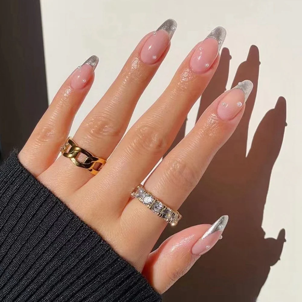 24Pcs Detachable Almond False Nails with Pearl Decoration Elegant Designs French Fake Nails Full Nail Art Tips Press On Nails - Image 12