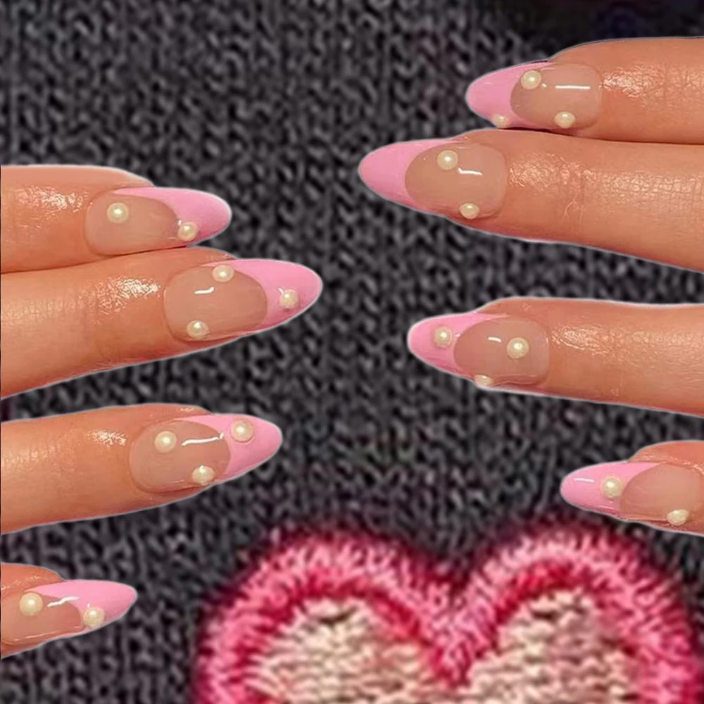 24Pcs Detachable Almond False Nails with Pearl Decoration Elegant Designs French Fake Nails Full Nail Art Tips Press On Nails - Image 40