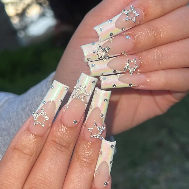 24pcs False Nails with glue flower design Long Coffin French Ballerina Fake Nails Full Cover acrylic Nail