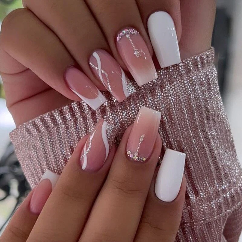24pcs False Nails with glue flower design Long Coffin French Ballerina Fake Nails Full Cover acrylic Nail - Image 11
