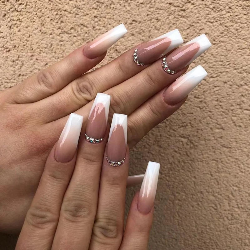 24pcs False Nails with glue flower design Long Coffin French Ballerina Fake Nails Full Cover acrylic Nail - Image 16