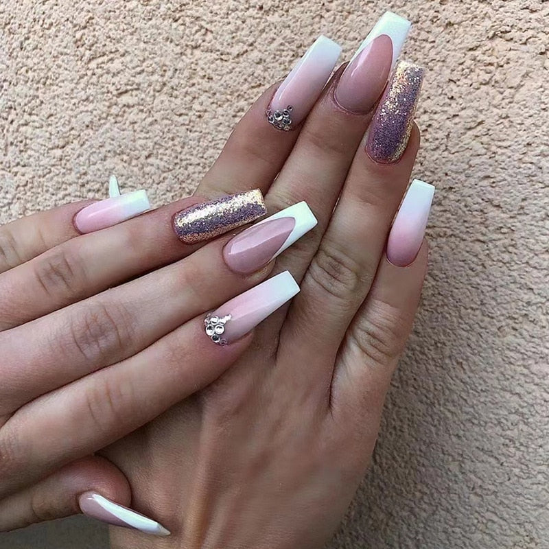 24pcs False Nails with glue flower design Long Coffin French Ballerina Fake Nails Full Cover acrylic Nail - Image 17
