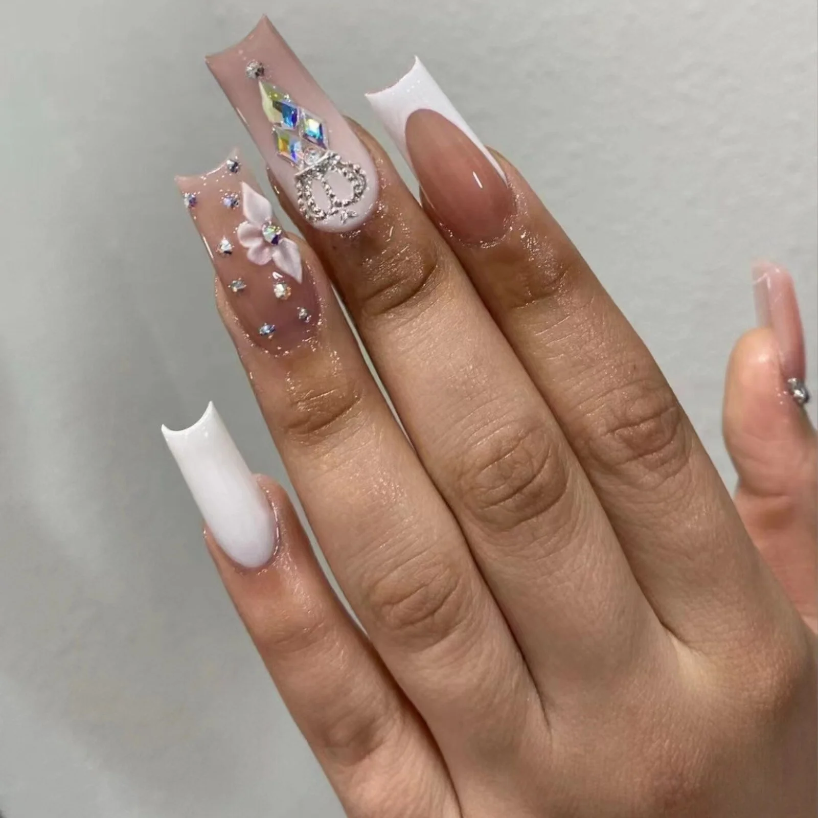 24pcs False Nails with glue flower design Long Coffin French Ballerina Fake Nails Full Cover acrylic Nail - Image 19