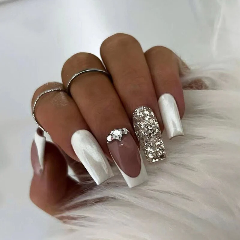 24pcs False Nails with glue flower design Long Coffin French Ballerina Fake Nails Full Cover acrylic Nail - Image 2
